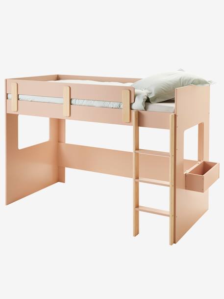 Mezzaninebed op halve hoogte EVEREST kaki+Roze+Wit/hout - vertbaudet enfant 