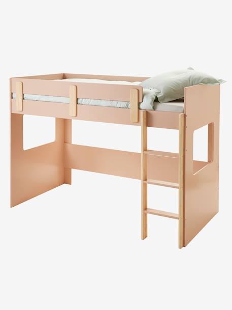 Mezzaninebed op halve hoogte EVEREST kaki+Roze+Wit/hout - vertbaudet enfant 