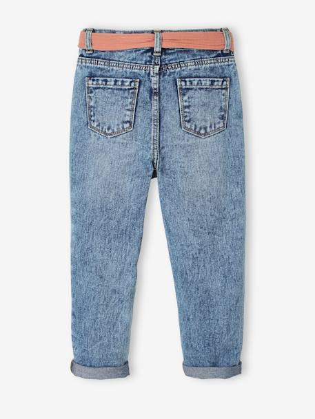 Jeans 'mom fit' met riem van katoengaas voor meisjes denim zwart+double stone - vertbaudet enfant 