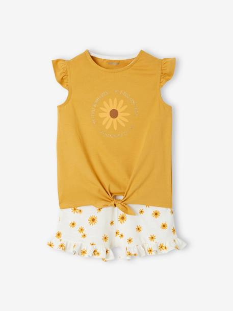 Set met T-shirt met ruches en strikeffect en short blauwgroen+goudgeel+koraal - vertbaudet enfant 