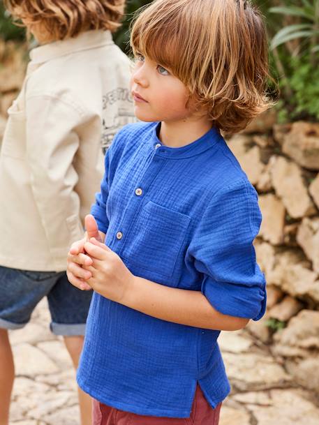 Jongensoverhemd van katoengaas met oprolbare mouwen ecru+groen+Lichtblauw - vertbaudet enfant 