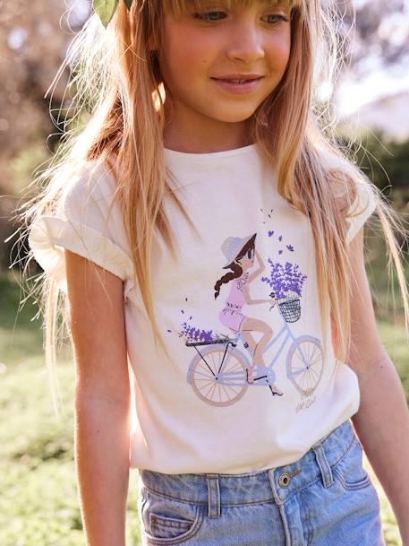 Meisjes T-shirt 'fiets' blauwgroen+ecru+ivoor+lichtroze+roze (poederkleur) - vertbaudet enfant 