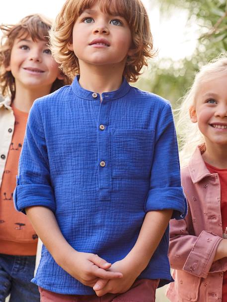 Jongensoverhemd van katoengaas met oprolbare mouwen ecru+groen+Lichtblauw - vertbaudet enfant 