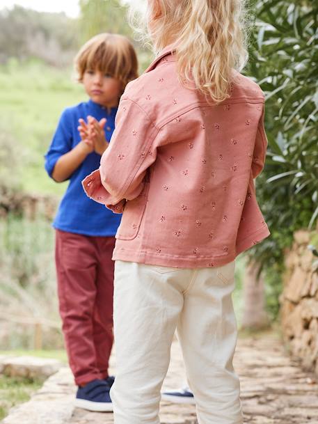 'Mom fit' broek en sjaalriem van katoengaas voor meisjes ivoor+mosterdgeel+perzik+rood+roze+smaragdgroen - vertbaudet enfant 