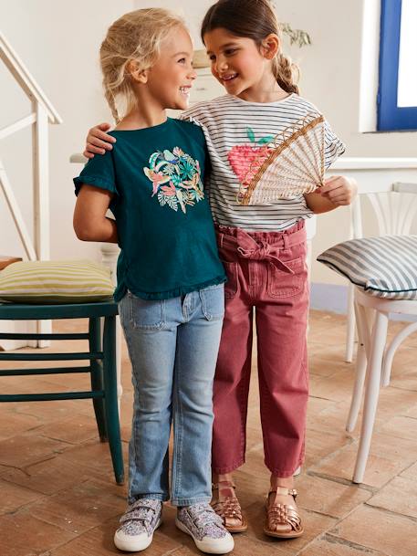 T-shirt met ruches en lovertjes meisje blauwgroen+groen+lichtroze+oudroze - vertbaudet enfant 