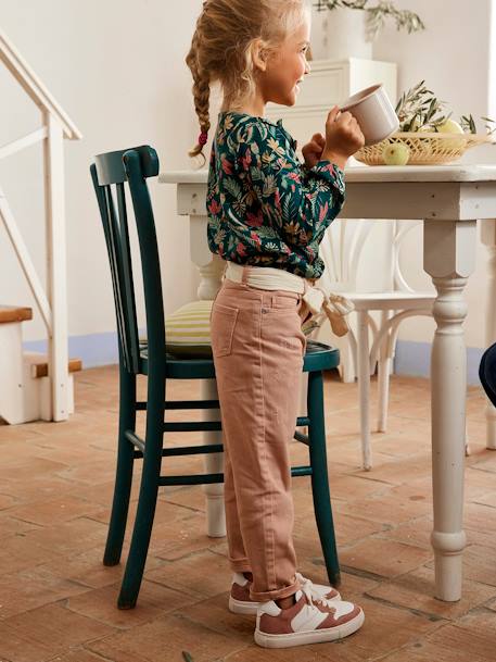 'Mom fit' broek en sjaalriem van katoengaas voor meisjes mosterdgeel+perzik+rood+roze+smaragdgroen - vertbaudet enfant 