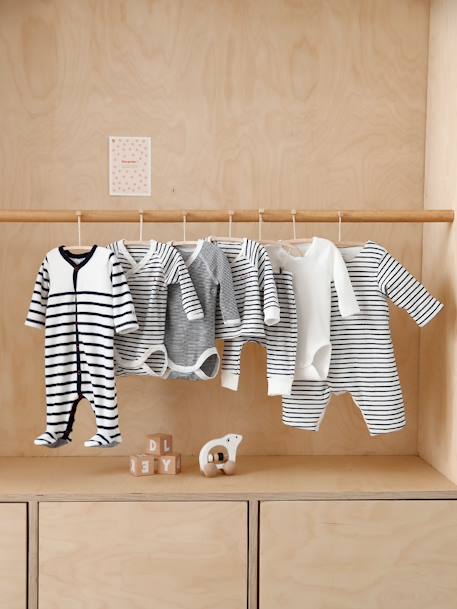 Set van 3 gestreepte babyrompertjes met lange mouwen in biokatoen PETIT BATEAU marine - vertbaudet enfant 