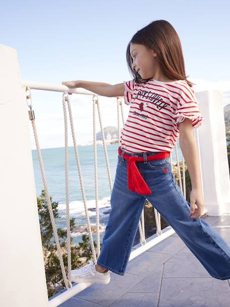 Gestreept t-shirt met paillettenhartje voor meisjes blauw, gestreept+gestreept ecru+hemelsblauw+marineblauw - vertbaudet enfant 