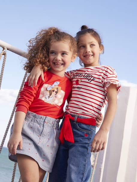 Gestreept t-shirt met paillettenhartje voor meisjes blauw, gestreept+gestreept ecru+hemelsblauw+marineblauw - vertbaudet enfant 