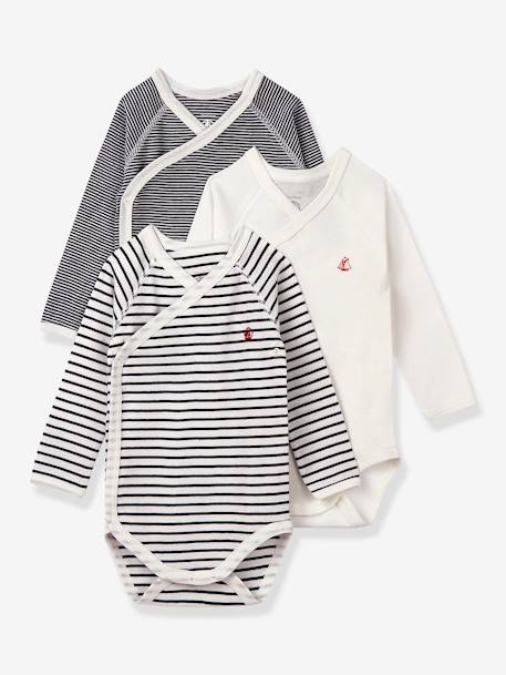 Set van 3 gestreepte babyrompertjes met lange mouwen in biokatoen PETIT BATEAU marine - vertbaudet enfant 