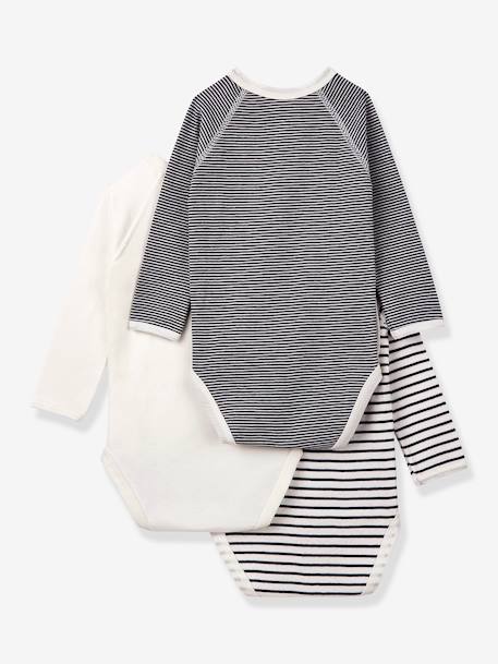 Set van 3 gestreepte babyrompertjes met lange mouwen in biokatoen PETIT BATEAU marine - vertbaudet enfant 