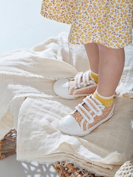Sneakers met klittenband kleutercollectie gele bloemen+jeansblauw+lichtblauw+roze, bedrukt - vertbaudet enfant 