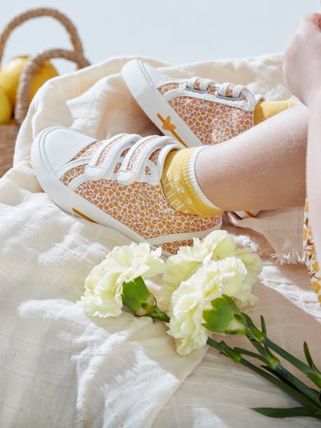 Sneakers met klittenband kleutercollectie gele bloemen+jeansblauw+lichtblauw+roze, bedrukt - vertbaudet enfant 