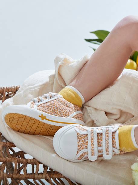 Sneakers met klittenband kleutercollectie gele bloemen+jeansblauw+lichtblauw+roze, bedrukt - vertbaudet enfant 