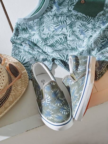 Slip-on sneakers voor jongens kaki met tropische print - vertbaudet enfant 