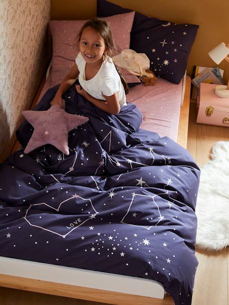 Dekbedovertrek + kussensloop met fluorescerende details MISS CONSTELLATION Oeko-Tex® marineblauw / parma - vertbaudet enfant 