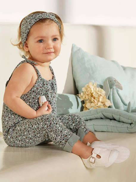 Set jumpsuit en haarband babymeisje van molton groengrijs met print+lichtroze+nachtblauw+wit met print - vertbaudet enfant 