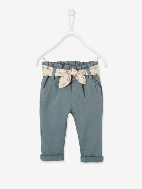 Babybroek met stoffen riem groengrijs+oudroze - vertbaudet enfant 