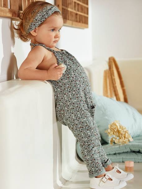 Set jumpsuit en haarband babymeisje van molton groengrijs met print+lichtroze+nachtblauw+wit met print - vertbaudet enfant 