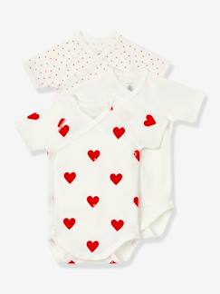 Baby-Body-Set van 3 gekruiste babyrompertjes met korte mouwen en harten in biokatoen PETIT BATEAU