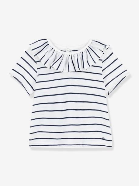 Gestreepte babyblouse met korte mouwen van jersey PETIT BATEAU wit gestreept marineblauw - vertbaudet enfant 