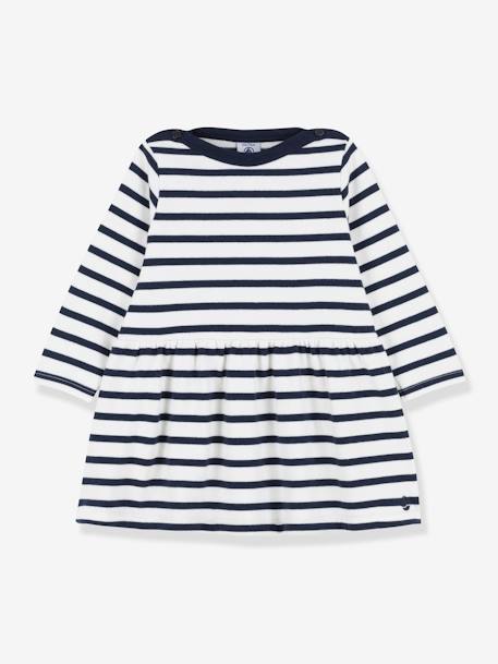 Iconische jurk met lange mouwen in dikke biologische jersey - PETIT BATEAU wit gestreept marineblauw - vertbaudet enfant 