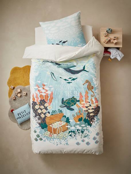 Hoeslaken kind DEEP OCEAN Oeko-Tex® ecru gestreept caramel - vertbaudet enfant 