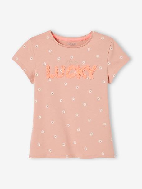 Meisjesshirt met bloemenmotief en gezichtje ecru+poederroze+terracotta - vertbaudet enfant 