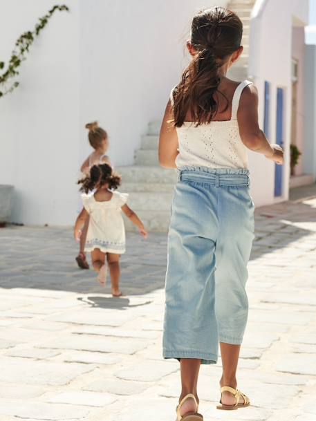 Wijde 'paperbag'-driekwartmeisjesbroek van licht denim double stone - vertbaudet enfant 