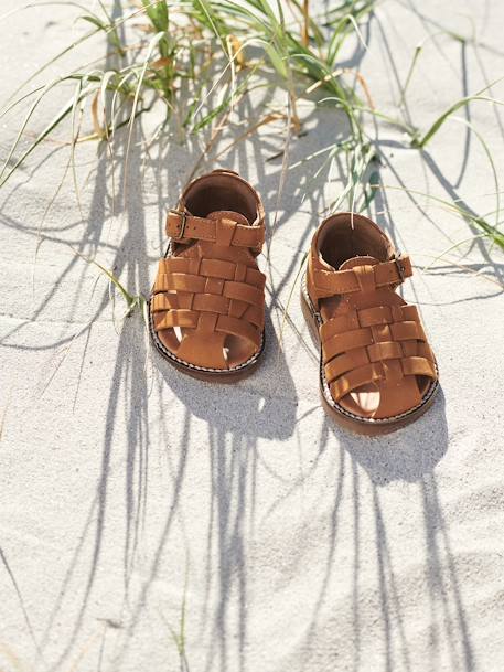 Leren sandalen baby met dichte voorkant Camel+Marokkaans blauw - vertbaudet enfant 