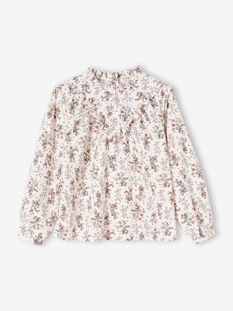 Blouse met hoge kraag met bloemenprint meisjes marineblauw+roze met print - vertbaudet enfant 