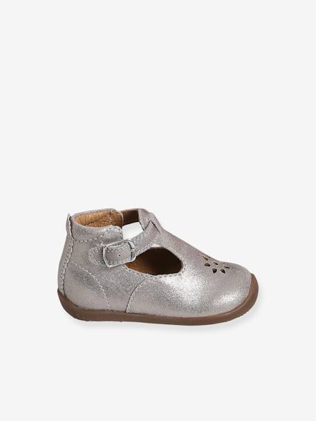 Leren zomerschoenen met glitters voor babymeisjes voor de eerste stapjes Metallic taupe - vertbaudet enfant 