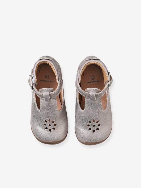 Leren zomerschoenen met glitters voor babymeisjes voor de eerste stapjes Metallic taupe - vertbaudet enfant 