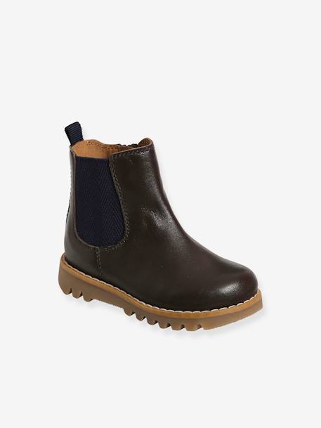 Gemengde lederen babyboots met rits en elastiek chocolade - vertbaudet enfant 