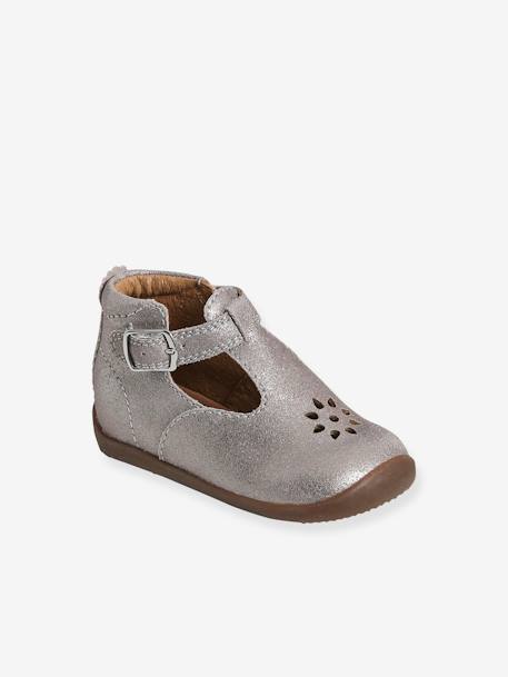 Leren zomerschoenen met glitters voor babymeisjes voor de eerste stapjes Metallic taupe - vertbaudet enfant 