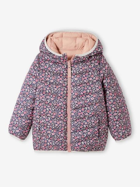 Lichtgewicht omkeerbaar meisjesjack met capuchon en gerecyclede polyester voering 6306+antraciet met print+nachtblauw+roze met print - vertbaudet enfant 