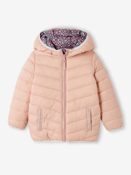 Lichtgewicht omkeerbaar meisjesjack met capuchon en gerecyclede polyester voering 6306+antraciet met print+nachtblauw+roze met print - vertbaudet enfant 