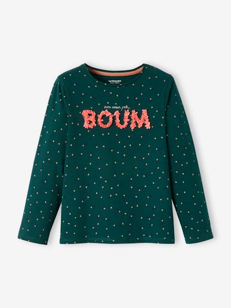 Meisjesshirt met print en gezichtje in reliëf bruin+donkergroen+ecru - vertbaudet enfant 