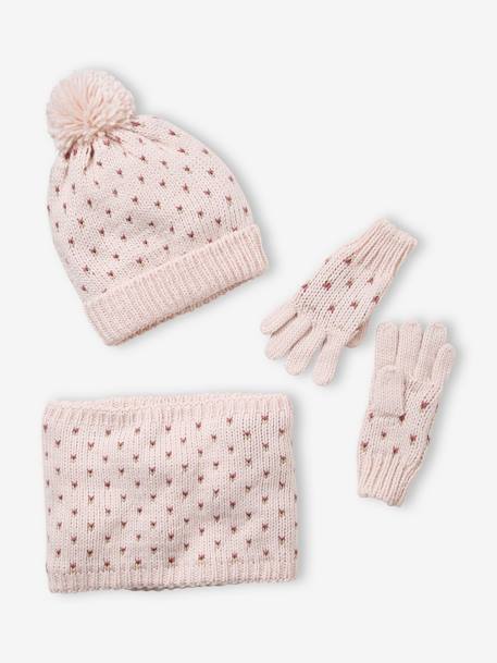 Set muts + snood + handschoenen met hartjes meisje inktprint+Roze - vertbaudet enfant 