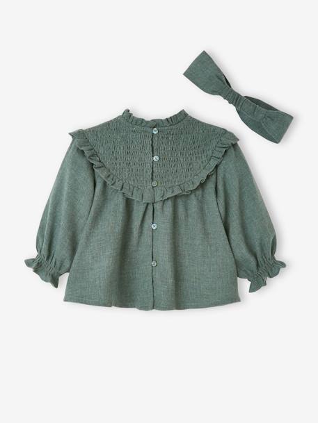 Babyblouse met smokwerk en bijpassende hoofdband donkerpaars+groengrijs+lila - vertbaudet enfant 