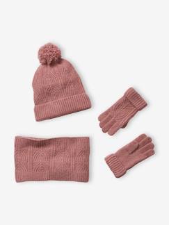 Meisje-Accessoires-Set van muts + snood + wanten in kabelbreiwerk