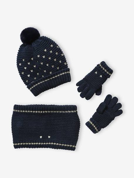 Set muts + snood + handschoenen met hartjes meisje inktprint - vertbaudet enfant 