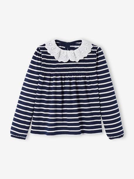 T-shirt-blouse met col en Engels borduursel meisjes gestreept marineblauw - vertbaudet enfant 