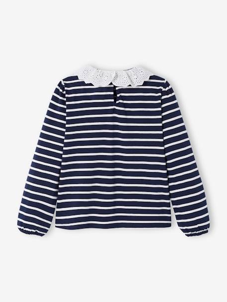 T-shirt-blouse met col en Engels borduursel meisjes gestreept marineblauw - vertbaudet enfant 