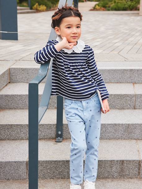 T-shirt-blouse met col en Engels borduursel meisjes gestreept marineblauw+roze (poederkleur) - vertbaudet enfant 