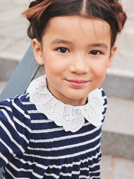 T-shirt-blouse met col en Engels borduursel meisjes gestreept marineblauw+roze (poederkleur) - vertbaudet enfant 