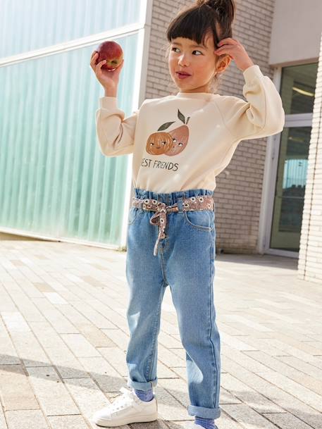Paperbag jeans met bloemenriem voor meisjes denimgrijs+onbewerkt denim+stone - vertbaudet enfant 