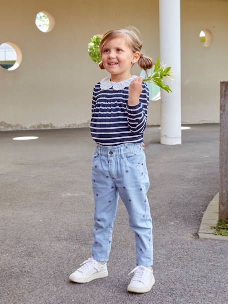 T-shirt-blouse met col en Engels borduursel meisjes gestreept marineblauw - vertbaudet enfant 