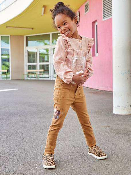 Slim-fit broek met hoge taille en geborduurde bloemen voor meisjes karamel - vertbaudet enfant 