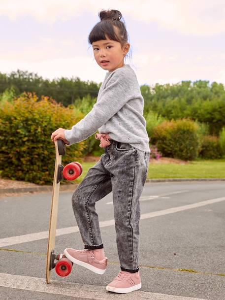 Jeans 'mom fit' met riem van katoengaas voor meisjes denim zwart+double stone - vertbaudet enfant 